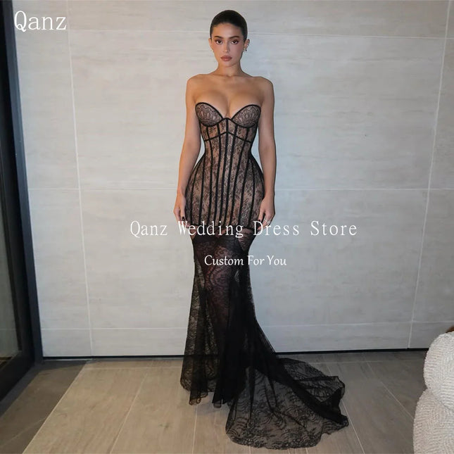 Qanz Sexy Schwarzes Spitze Ballkleid Sweetheart Meerjungfrau Korsett Rücken Illusion Abendkleider Frauen Elegante Partykleider Maßanfertigung