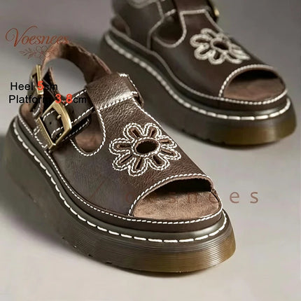 Vintage Brown Women's Platform Sandals Retro Floral Embroidery Open Toe Buckle Ankle Strap Chunky Sole Summer Casual Roman Shoes
