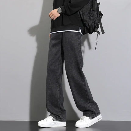2026 New Korean Men's Casual Long Jeans Classic Man Straight Denim Wide-leg Pants Solid Color Light Blue Black 3XL Cargo Jean