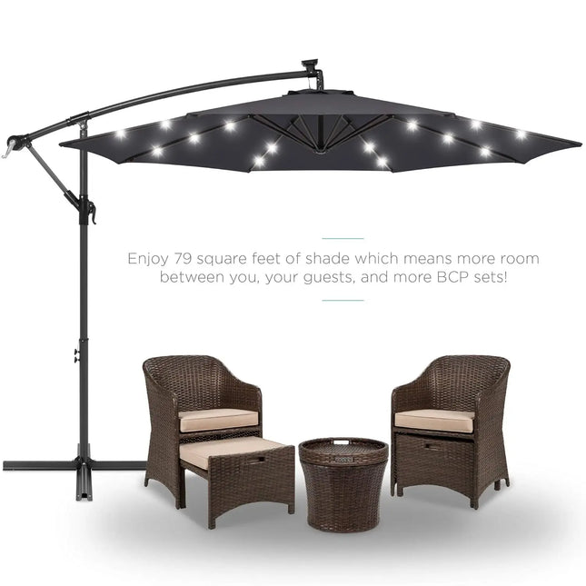 10ft Solar LED Offset Cantilever Hanging Market Patio Umbrella, 8 Sturdy Ribs, Easy Adjustment - Gray, Customized
