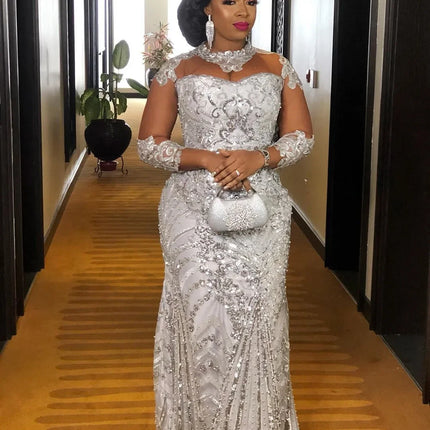 Customization Arabic Aso Ebi Silver Lace Beaded Evening Dresses Sheer Neck Prom Dresses Mermaid Formal Seond Reception Gowns
