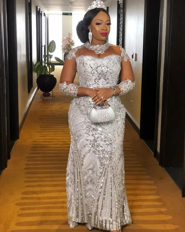 Individuelle arabische Aso Ebi Abendkleider mit silberner Spitze und Perlen, durchsichtiger Ausschnitt, Ballkleider, Meerjungfrauen-Form, Second-Reception-Kleider