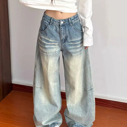 Ropa Y2K Fashion Striped Patchwork Washed Blue Baggy Women's Jeans Pants For Woman Clothing Straight Vintage Denim Trousers