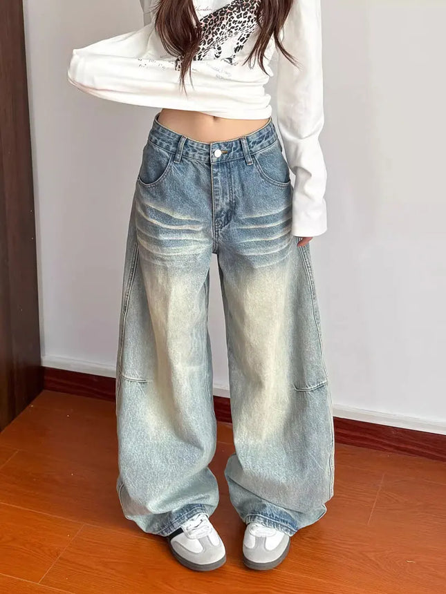 Ropa Y2K Fashion Striped Patchwork Washed Blue Baggy Women's Jeans Pants For Woman Clothing Straight Vintage Denim Trousers