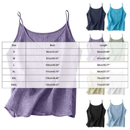 Women Cotton Linen Spaghetti Strap Tank Top V Neck Solid Color Loose Fit Lightweight Casual Sleeveless Camisole Summer Beach Top