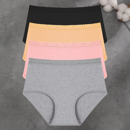 FINETOO 4Pc Women Cotton Lace Floral Briefs Underwear Seamless High Waist Elastic Breathable Panties Female Solid Color Lingerie