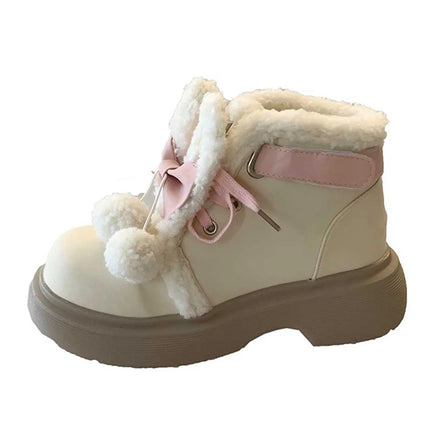 Sweet Girls Lolita Winter Mid-Calf Snow Boots,Young Women Students Cute Plush Rabbit Ears Bowknots Warm Flat Platform Shoes