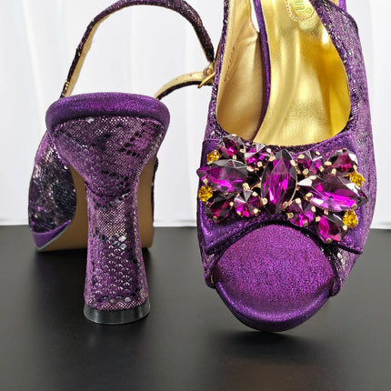 INS Purple Rhinestone-Embellished and Colorful Striped Design Party Wedding Peep Toe Bigger Size Ladies High Heels and Bag Set