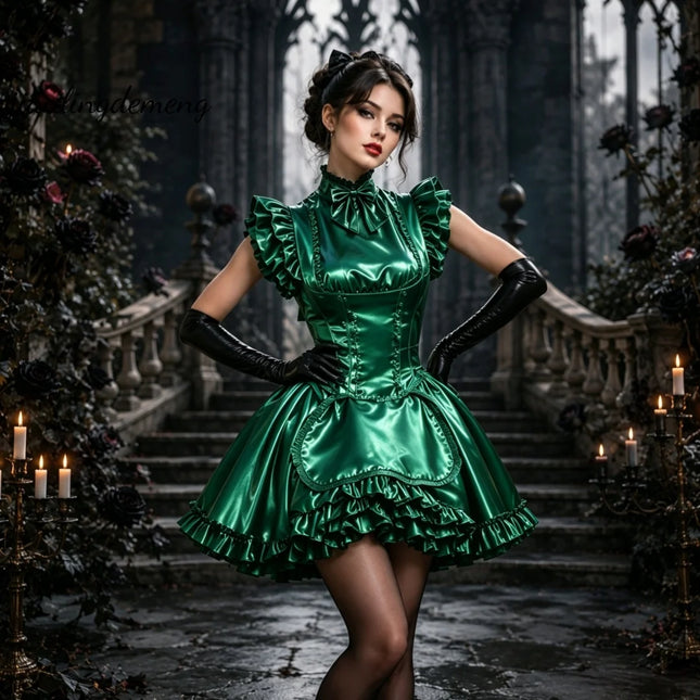 Gothic Gold Satin Maid Kostüm Ballkleid Korsett Schnürung Rüschen Hochgeschlossen Schleife Kurz Halloween Cosplay Partykleid Maßanfertigung