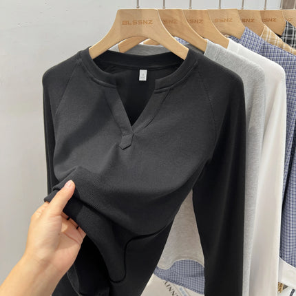 Basic Style Slim Fit V-Neck Long Sleeve T-Shirt Korean Style Versatile Simple Base Layer Top Casual Tee for