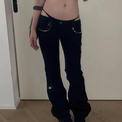 Women's Low Rise Jeans Black Flared Denim Pants Gyaru American Retro Korean Cyber Punk Trumpet Jeans Y2k Skinny Bell Bottom New