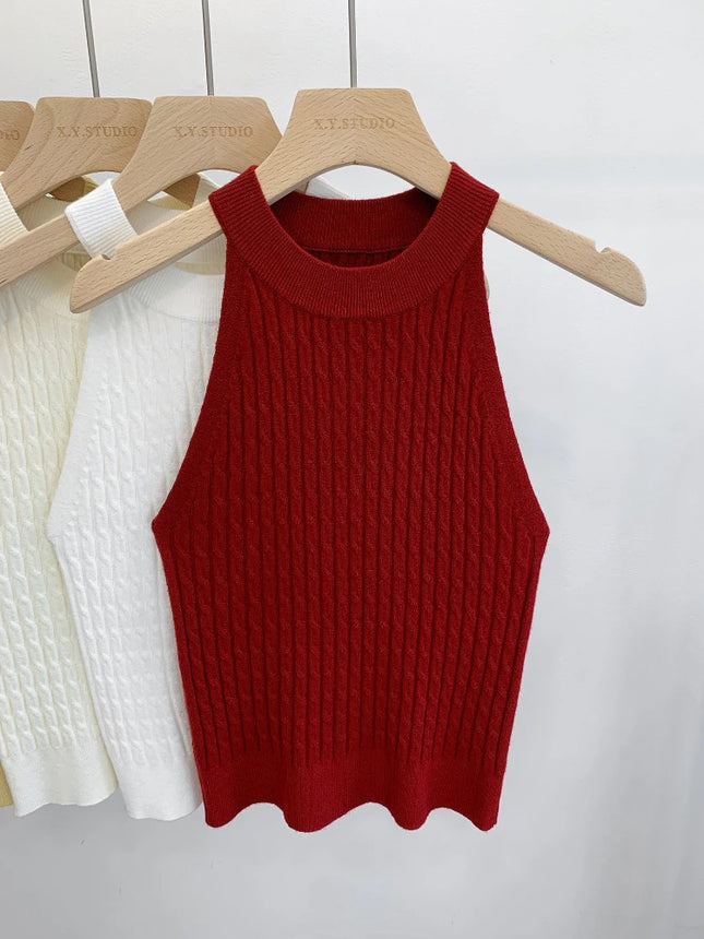 2026 Summer New Women's Knitted Halter Camisole Slim Fit Sleeveless Base Tank Tops Solid Color O-neck - product image 2