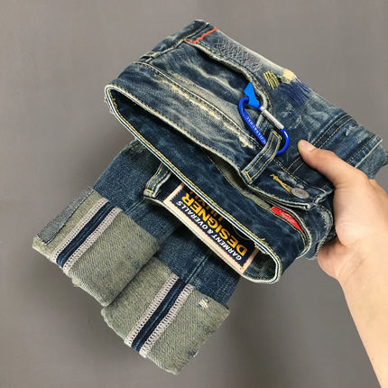 100% Cotton Heavyweight Ripped Patch Jeans for Men Autumn/winter Loose Straight Spliced Denim American Vintage High-street Pants