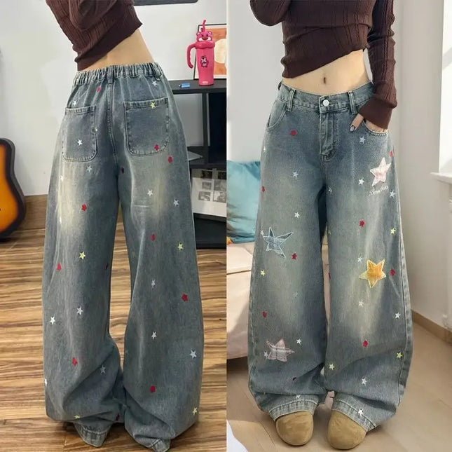 Spring Men's Graffiti Star Embroidered Baggy Jeans High Street Retro Straight Wide-Leg Denim Pants  New Y2K Vintage Jean