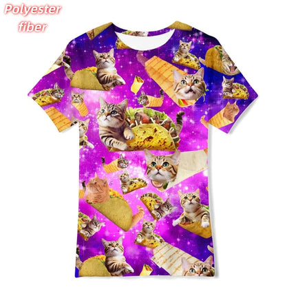 3D Print Fun Cute Cat T-Shirt For Men Pizza Burger Pattern Tees Summer Street Casual Short Sleeve Tops Loose Round Neck T Shirts