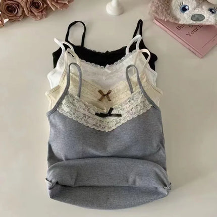New Knitted Crop Top For Women Solid Color Lace Sling Tops Knitwear Tank Top Female Sexy Slim Camisole Sweet Short Beau Back Top