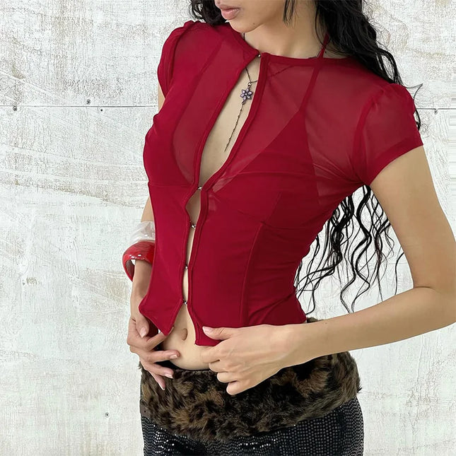 Summer Y2K Sexy Club Party Sheer Mesh Solid Slim Fit Cropped Hook Eye Corset Round Neck Short Sleeve T-shirt