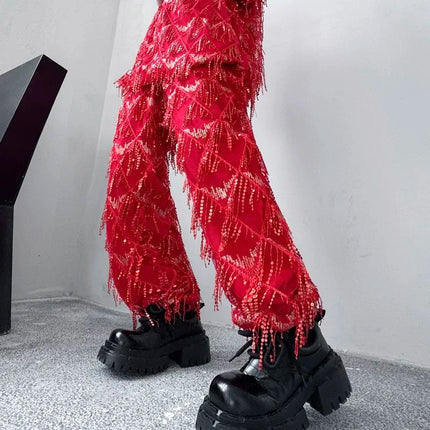 2025 Fashion Sequin Tassel Wide Leg Pants Stage Performance Costume Man Woman Punk Hip Hop Straight Pants Black White Red