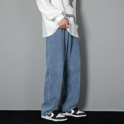2026 New Korean Men's Casual Long Jeans Classic Man Straight Denim Wide-leg Pants Solid Color Light Blue Black 3XL Cargo Jean