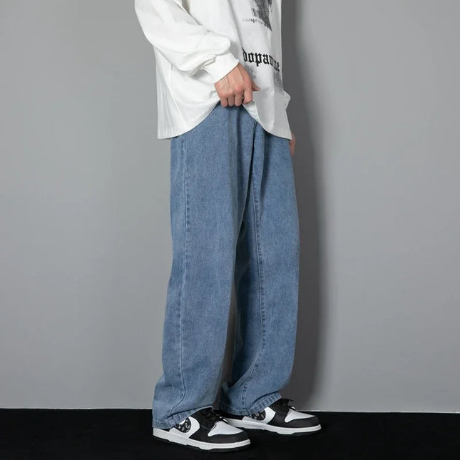 2026 New Korean Men's Casual Long Jeans Classic Man Straight Denim Wide-leg Pants Solid Color Light Blue Black 3XL Cargo Jean