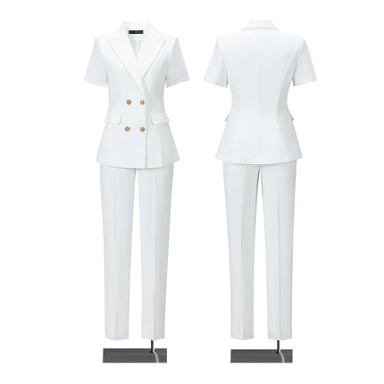 2‑Piece Women Office Suit Short Sleeve Double Breasted Blazer + High Waist Pants Ladies Formal Business Workwear Set Multiple Co