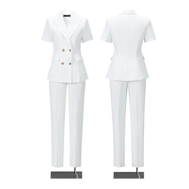 2‑Piece Women Office Suit Short Sleeve Double Breasted Blazer + High Waist Pants Ladies Formal Business - product image 2