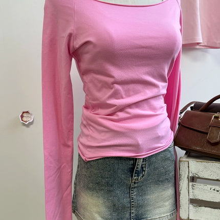 Sweet Pink Striped Long Sleeve T-shirt Women New Spring Cotton Raw Hem Slash Neck Slim Tee Tops Cute Preppy Style T shirt Y2K