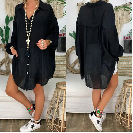 Summer Long Sleeve Shirt Women's Button Loose Casual Shirt Beach Wear Top Swim Cover Up Solid Color Loose Shirts ladies clothes