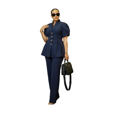 Women Stand Collar Puff Sleeve Button Peplum Top And Straight Leg Pants For Elegant Office Business And Daily Occasion