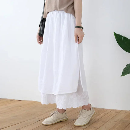 100% Cotton Linen Mori Girl Floral Embroidery Hem Wide Leg Pants Skirt Aesthetic Fairy Grunge Medieval Loose Distressed Trousers