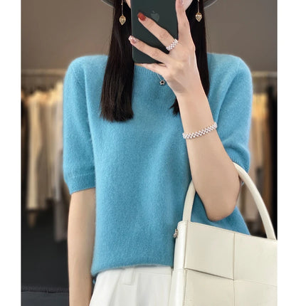 First-line ready-to-wear 100% Merino wool knitted short-sleeved women's loose solid color slim commuter five-point cuff T-shirt