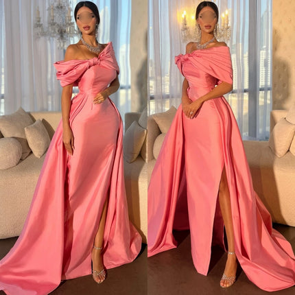 Customized Luxury Bow Boat Neck Evening Dress Simple Satin Mermaid Prom Dresses Modern Chapel Train Special Occasion Gowns