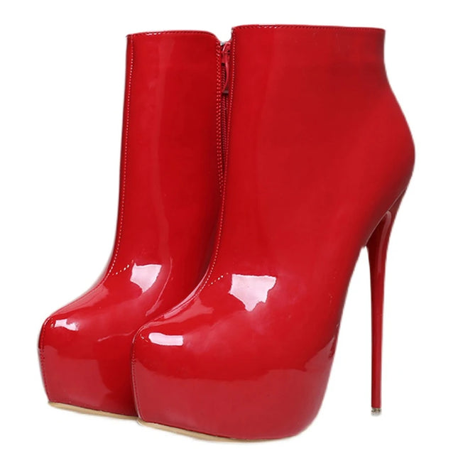 Big Size 35-47 Patent Leather Women Boots Round Toe Side Zipper Super High Heels 16CM Pumps 2025 Sexy Platform Party Shoes Woman