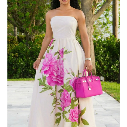Women Tube Strapless Waist Flowy Maxi Dress With Floral Print For Wedding Guest Resort And Vacation Occasion