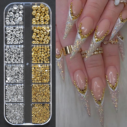 1 Box Half Round Flatback Nail Rhinestones Multi Size Gold& Silver Metal Pearls Caviar Nail Art Decorations Flat Back Gold Beads