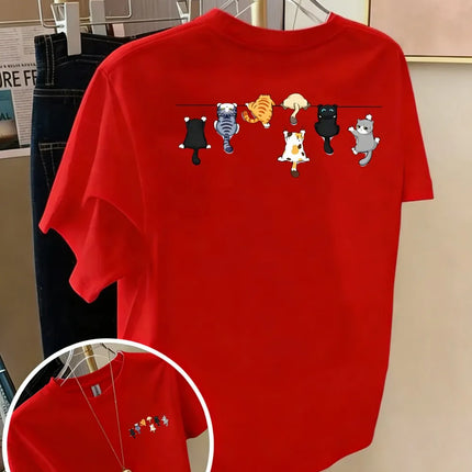 Cartoons Cats Prints T-Shirts Summer Womens Cotton T Shirts Basic O-Neck Oversized Short Sleeve Tops Casual Street Woman Clothes