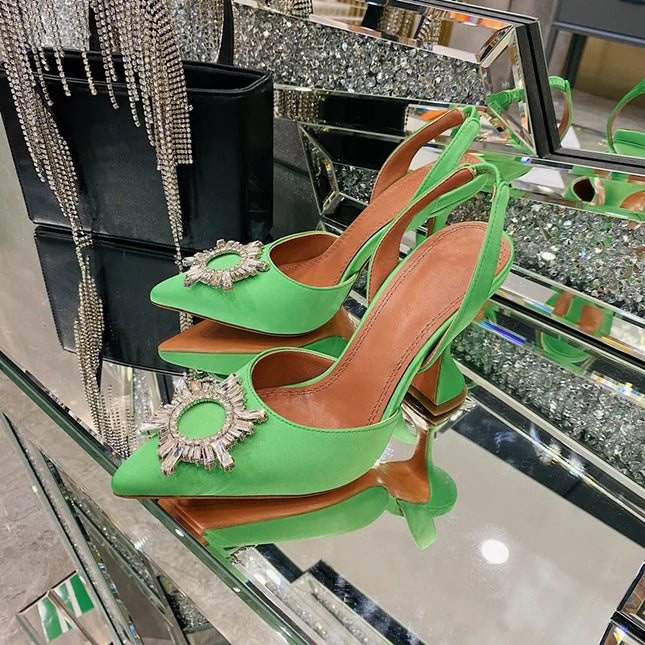 2025 European and American Women's New High Heel Sandals Sunflower Water Diamond Buckle High Heels Pointed Heel Satin Shoes