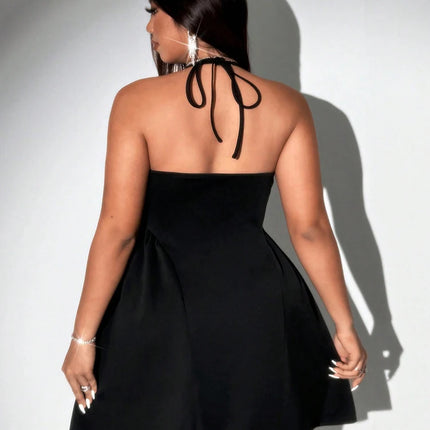 Plus Size Women Halter Black Mini Dress Lace Deep V Neck Sleeveless A Line Flare Club Party Short Dress