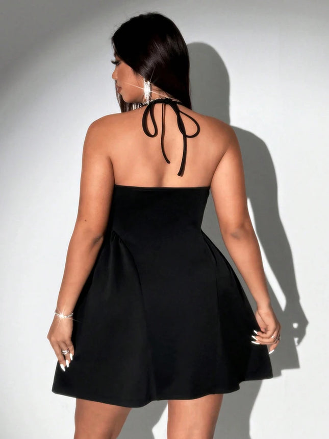Plus Size Women Halter Black Mini Dress Lace Deep V Neck Sleeveless A Line Flare Club Party Short Dress - product image 2