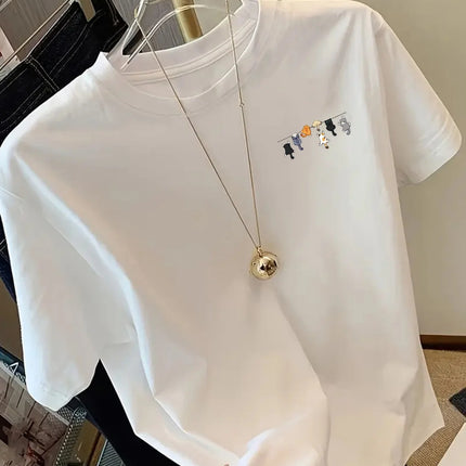 Cartoons Cats Prints T-Shirts Summer Womens Cotton T Shirts Basic O-Neck Oversized Short Sleeve Tops Casual Street Woman Clothes
