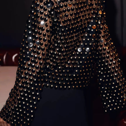 Women Sequin Long Sleeve Tops Sheer Mesh Bell Sleeve Shirt Blouse Y2K Glitter Sparkly Mesh Crop Top Streewear