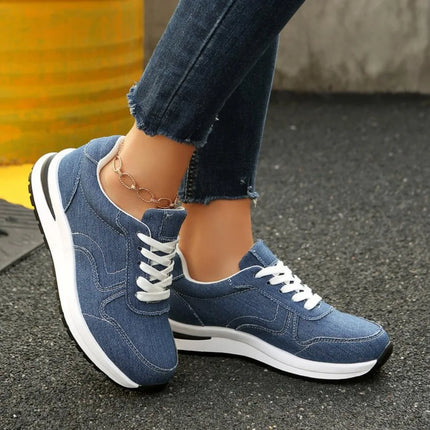 Blue Denim Platform Sneakers Women Fashion Thick Sole Lace Up Sports Shoes Woman Plus Size 43 Comfortable Casual Female Sneakers