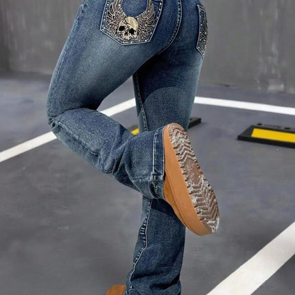 Women's Dark Washed Flare Jeans, Skull Head Rhinestone Embroidery, Fashionable Back Pocket Design, Stylish Denim Jeans