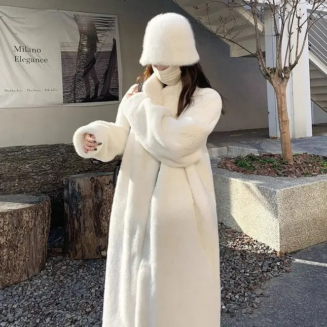 Damen Rosa Dicke Kunstfelljacke Colorblock Herbst Winter Maxicoat Langer Warmer Luxus Gürtel Pelzparka Bontjas Flauschige Oberbekleidung