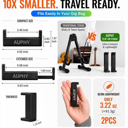 AUPHY SGS22 Acoustic Guitar Stand Clip-on 2Pcs, Seamless Play-to-Rest Switching Ultra-light Portable Mini Floor Holder Black