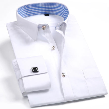 Men's Spread Collar French Cuff Dress Shirt Long Sleeve Formal Business Buttons Male Wedding Shirts Regular Fit Cufflinks Shirt