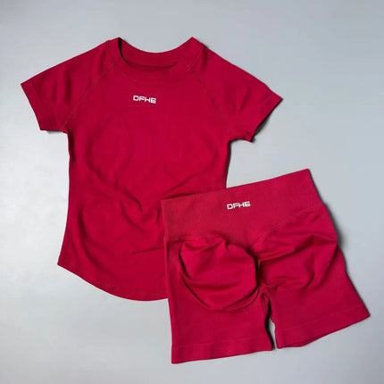 2 Piece Athletic Tracksuit, Seamless Short Sleeve Yoga Wear, High Stretch Running Shorts, Gym Training Outfit
