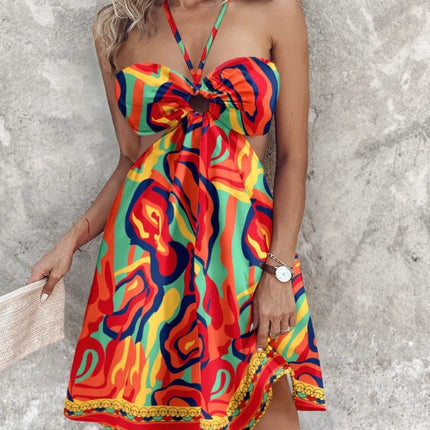 Floral Print Halter Neck Cutout Mini Dress Beach Vacation Cover Up