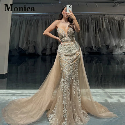 MONICA Fancy Appliques Evening Dresses for Women Beads V-Neck Detachable Train Mermaid Prom Dress Robes De Soiree Customized