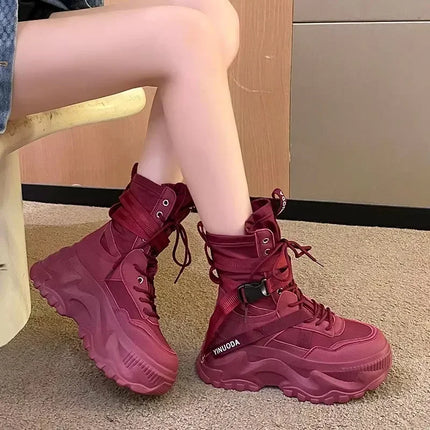 Hot Fashion Women Chunky Platform Motorcycle Boots White Lace Up Thick Bottom Shoes Woman Autumn Winter Ankle